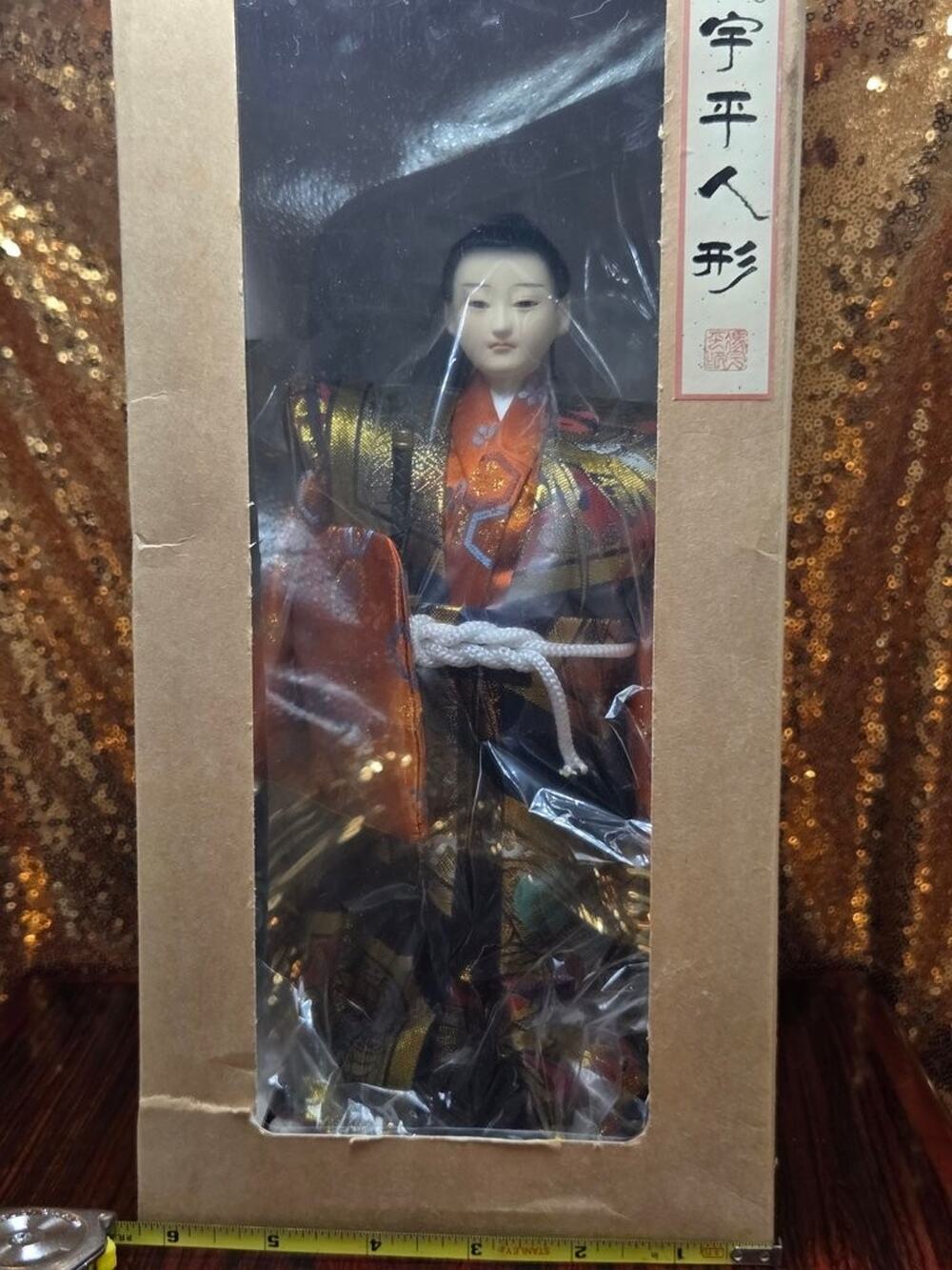 Vintage Uhei Ningyo Silk Samurai Warrior Doll 14" Minamoto Yoshitsune With Box